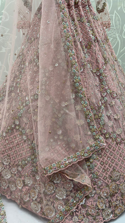 Luxury Blush Pink Double Net Embroidered Bridal Lehenga Choli with Designer Blouse & Soft Net Dupatta