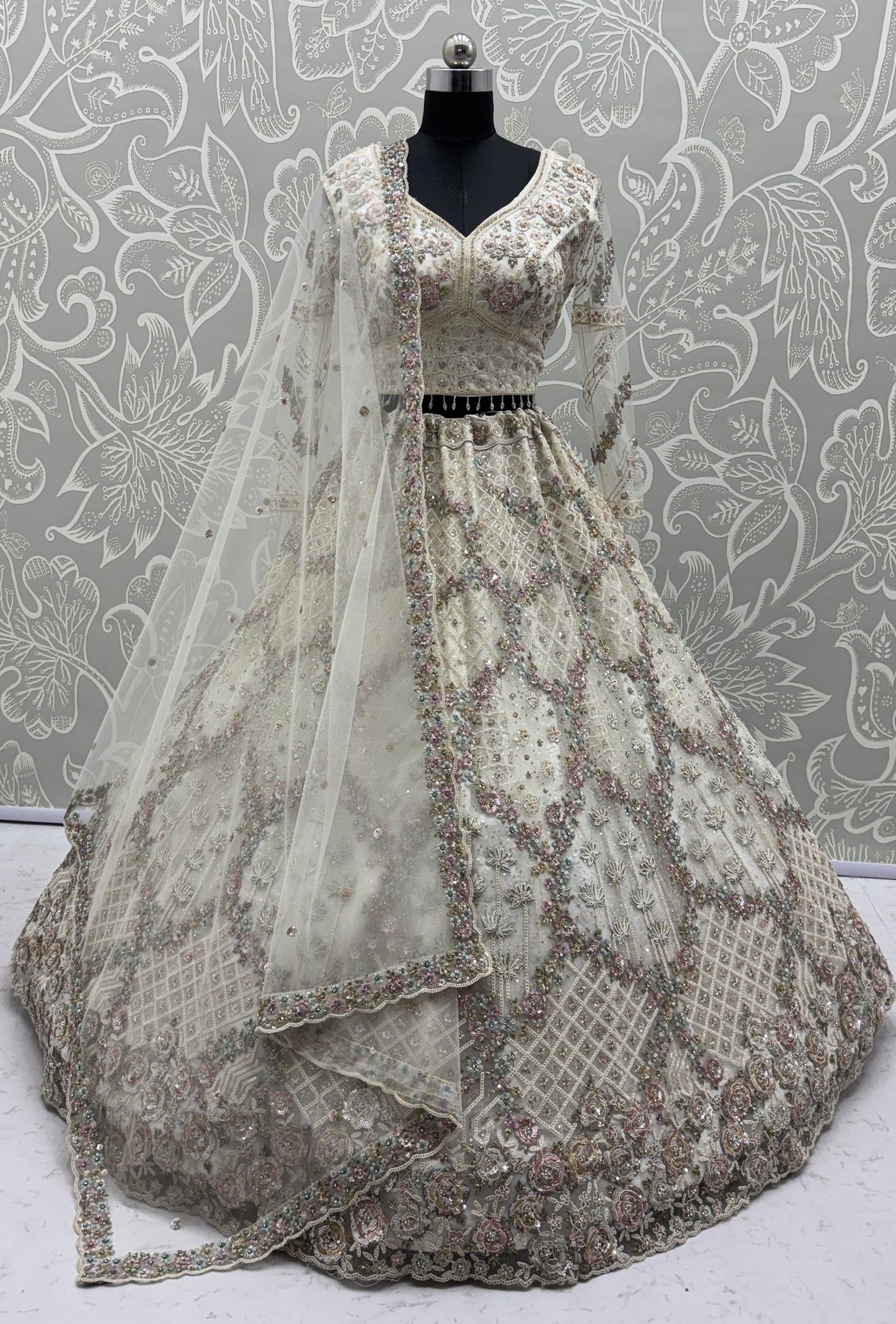Luxury Ivory Double Net Embroidered Bridal Lehenga Choli with Designer Blouse & Soft Net Dupatta