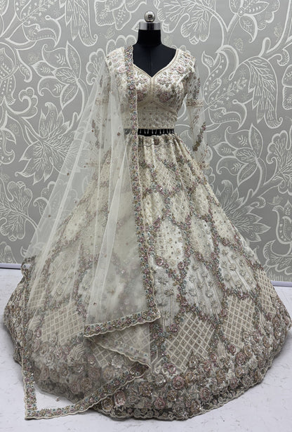 Luxury Ivory Double Net Embroidered Bridal Lehenga Choli with Designer Blouse & Soft Net Dupatta