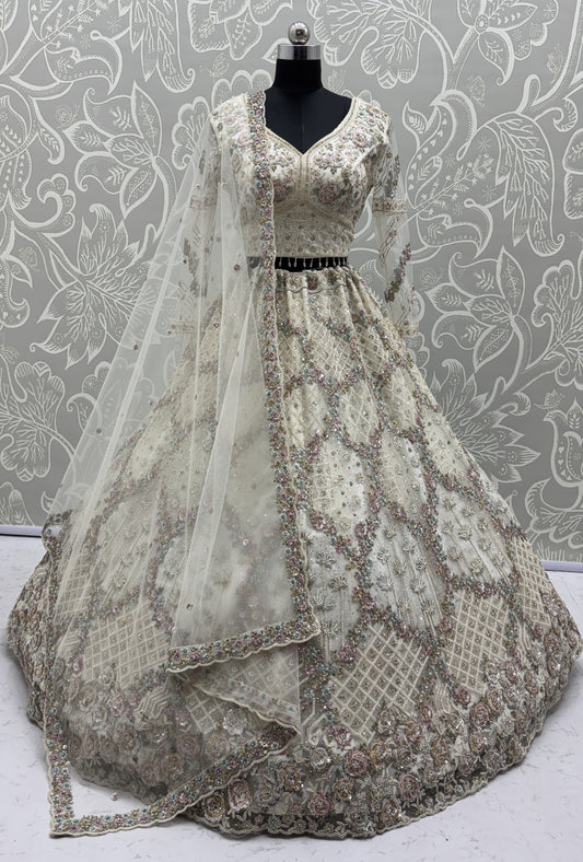 Luxury Ivory Double Net Embroidered Bridal Lehenga Choli with Designer Blouse & Soft Net Dupatta