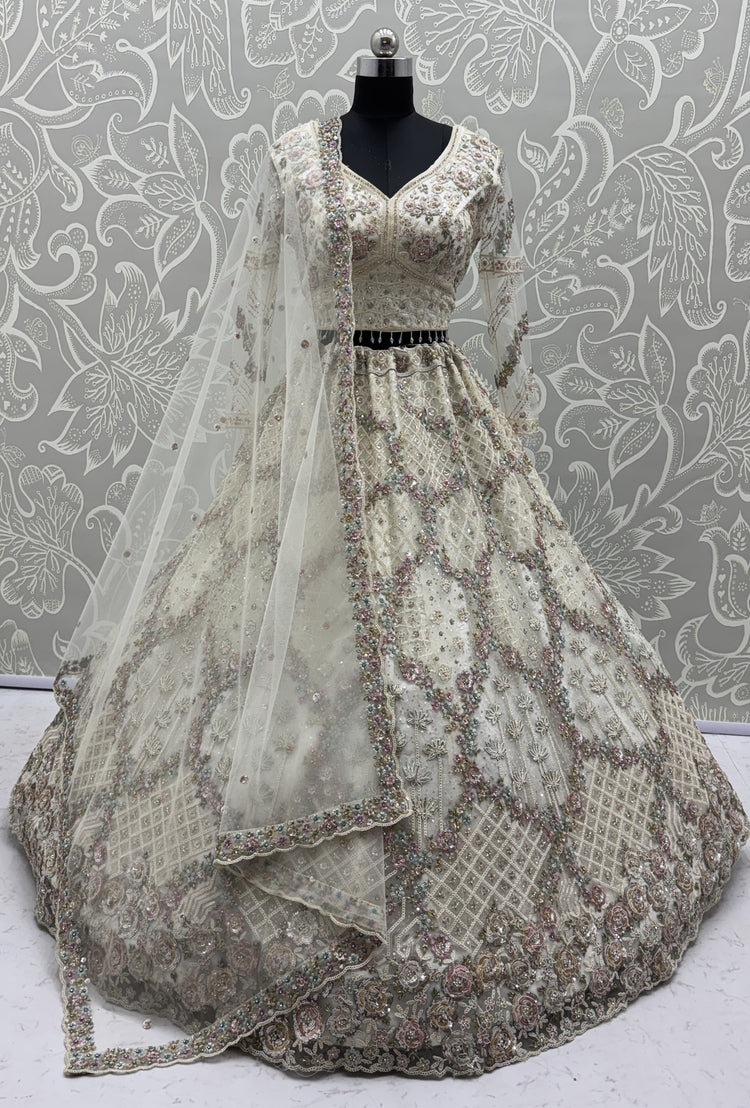 Luxury Ivory Double Net Embroidered Bridal Lehenga Choli with Designer Blouse & Soft Net Dupatta