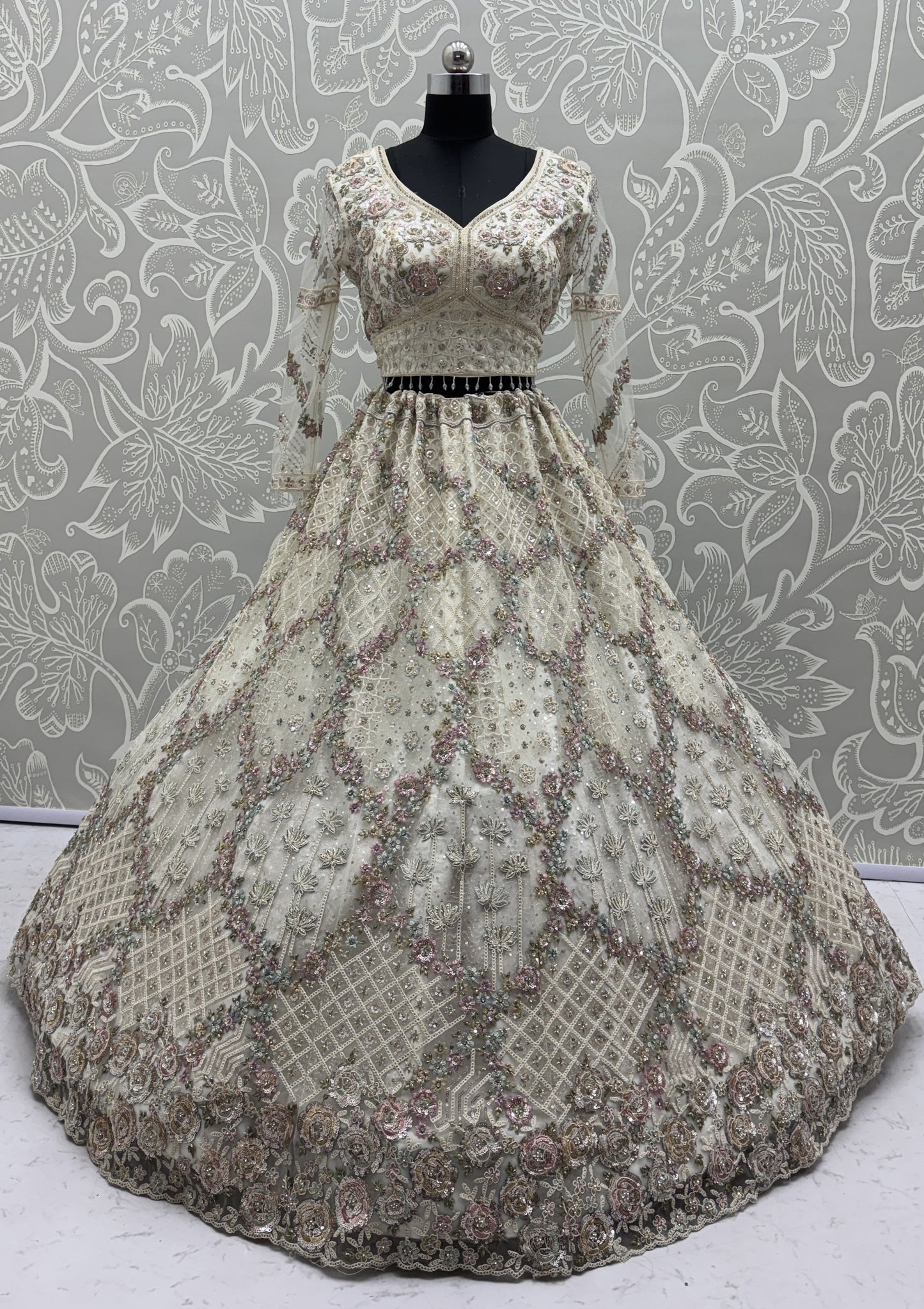 Luxury Ivory Double Net Embroidered Bridal Lehenga Choli with Designer Blouse & Soft Net Dupatta