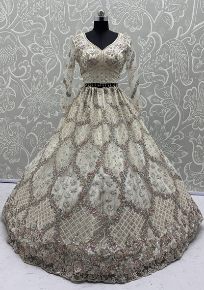 Luxury Ivory Double Net Embroidered Bridal Lehenga Choli with Designer Blouse & Soft Net Dupatta
