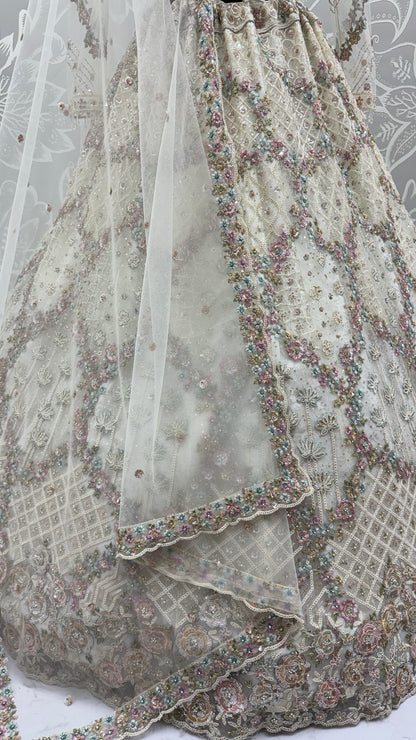 Luxury Ivory Double Net Embroidered Bridal Lehenga Choli with Designer Blouse & Soft Net Dupatta