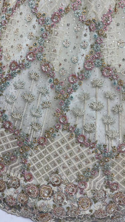 Luxury Ivory Double Net Embroidered Bridal Lehenga Choli with Designer Blouse & Soft Net Dupatta