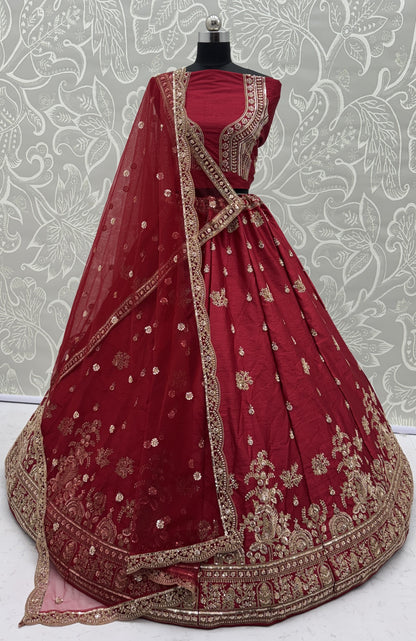 Royal Wine Red Gadhwal Silk Bridal Lehenga Choli with Zari Embroidery & Designer Net Dupatta