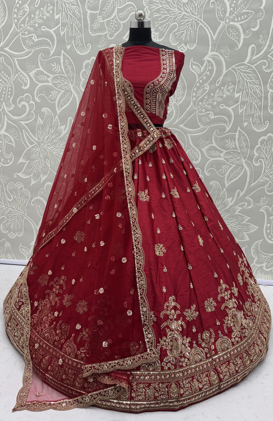 Royal Wine Red Gadhwal Silk Bridal Lehenga Choli with Zari Embroidery & Designer Net Dupatta