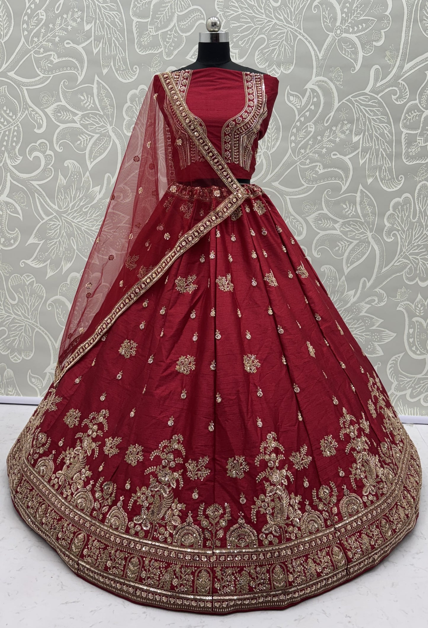 Royal Wine Red Gadhwal Silk Bridal Lehenga Choli with Zari Embroidery & Designer Net Dupatta
