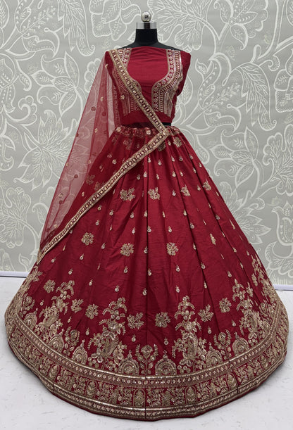 Royal Wine Red Gadhwal Silk Bridal Lehenga Choli with Zari Embroidery & Designer Net Dupatta