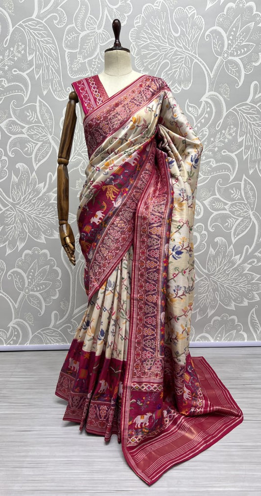 Pure Meena Silk and Dyed Silk Thread Crafted Authentic Patola Saree Pink