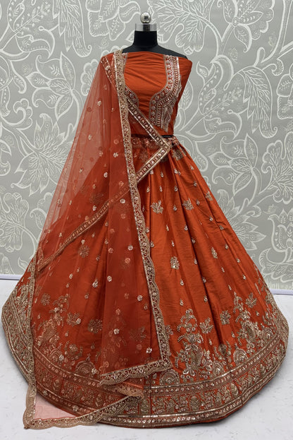 Rust Orange Gadhwal Silk Bridal Lehenga Choli with Zari Embroidery, Bead Work & Designer Net Dupatta