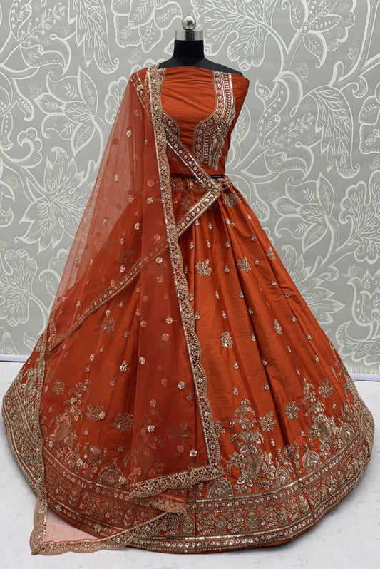 Rust Orange Gadhwal Silk Bridal Lehenga Choli with Zari Embroidery, Bead Work & Designer Net Dupatta
