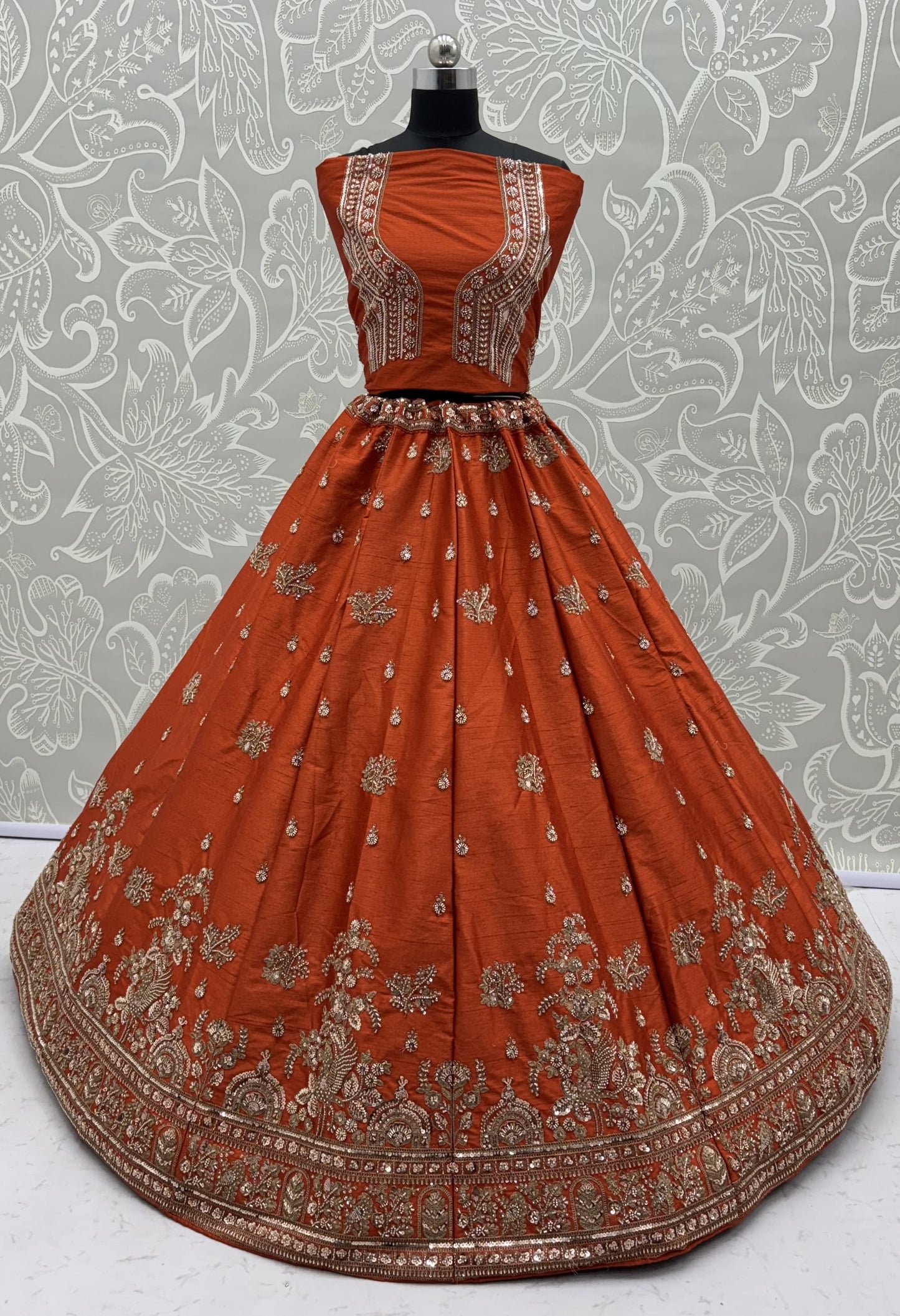 Rust Orange Gadhwal Silk Bridal Lehenga Choli with Zari Embroidery, Bead Work & Designer Net Dupatta