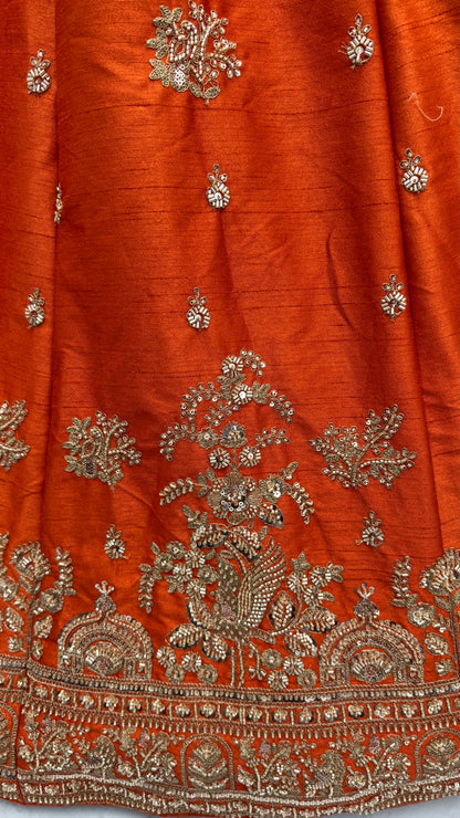 Rust Orange Gadhwal Silk Bridal Lehenga Choli with Zari Embroidery, Bead Work & Designer Net Dupatta