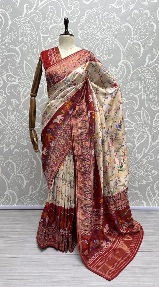 Pure Meena Silk and Dyed Silk Thread Crafted Authentic Patola Saree Red