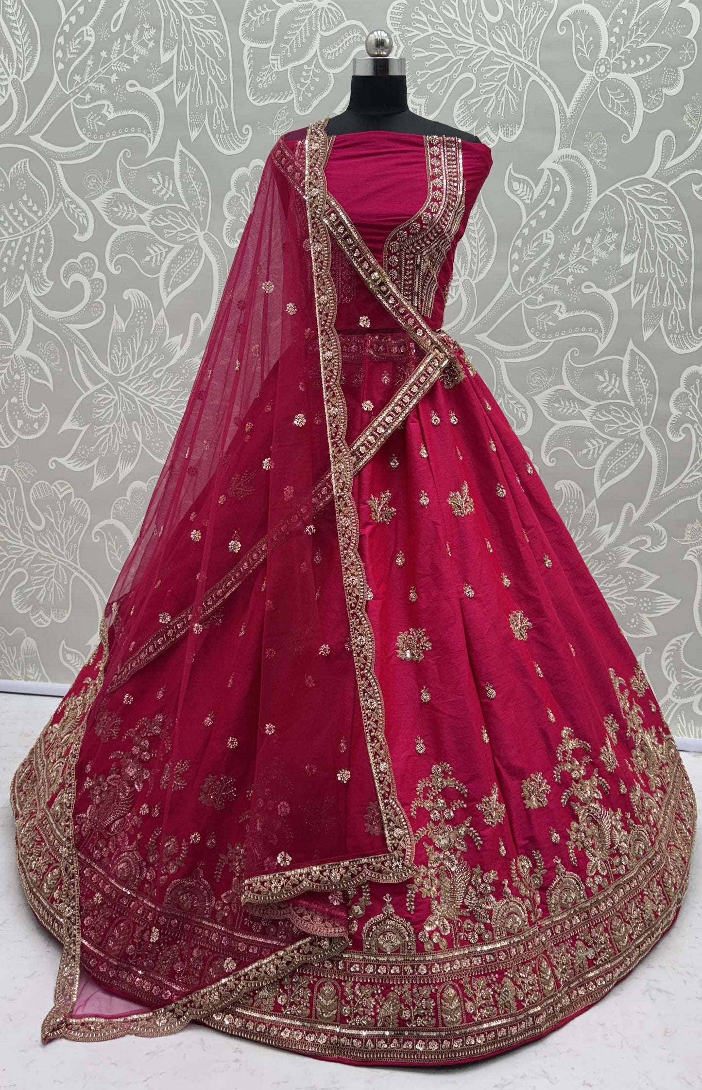 Royal Hot Pink Gadhwal Silk Bridal Lehenga Choli with Zari Embroidery, Bead Work & Net Dupatta