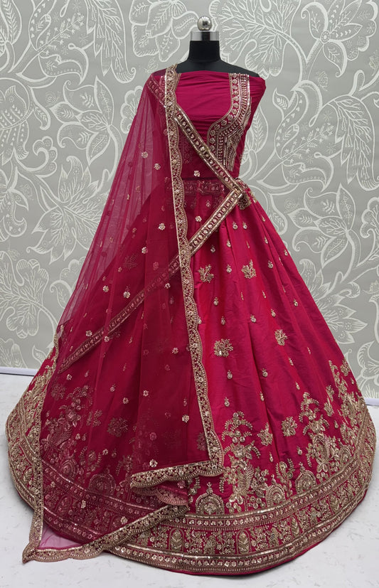 Royal Hot Pink Gadhwal Silk Bridal Lehenga Choli with Zari Embroidery, Bead Work & Net Dupatta