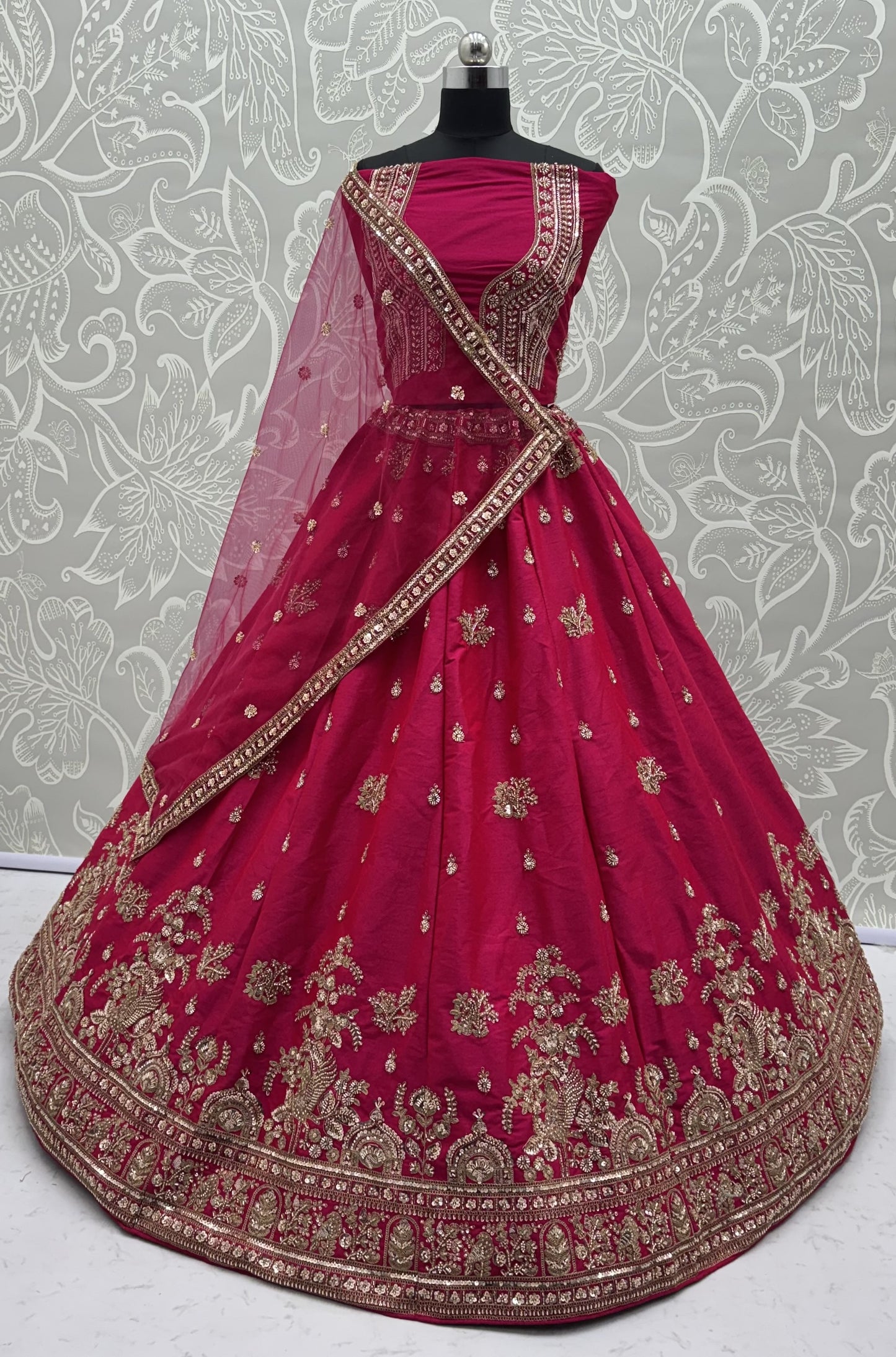 Royal Hot Pink Gadhwal Silk Bridal Lehenga Choli with Zari Embroidery, Bead Work & Net Dupatta