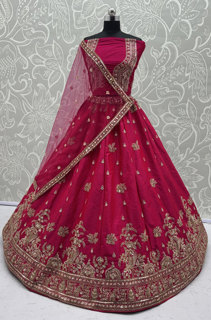 Royal Hot Pink Gadhwal Silk Bridal Lehenga Choli with Zari Embroidery, Bead Work & Net Dupatta