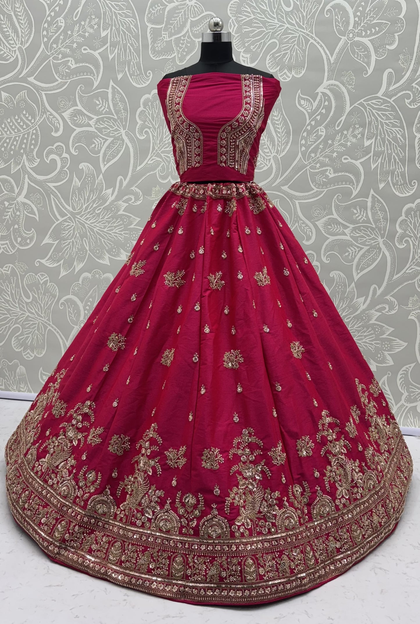 Royal Hot Pink Gadhwal Silk Bridal Lehenga Choli with Zari Embroidery, Bead Work & Net Dupatta