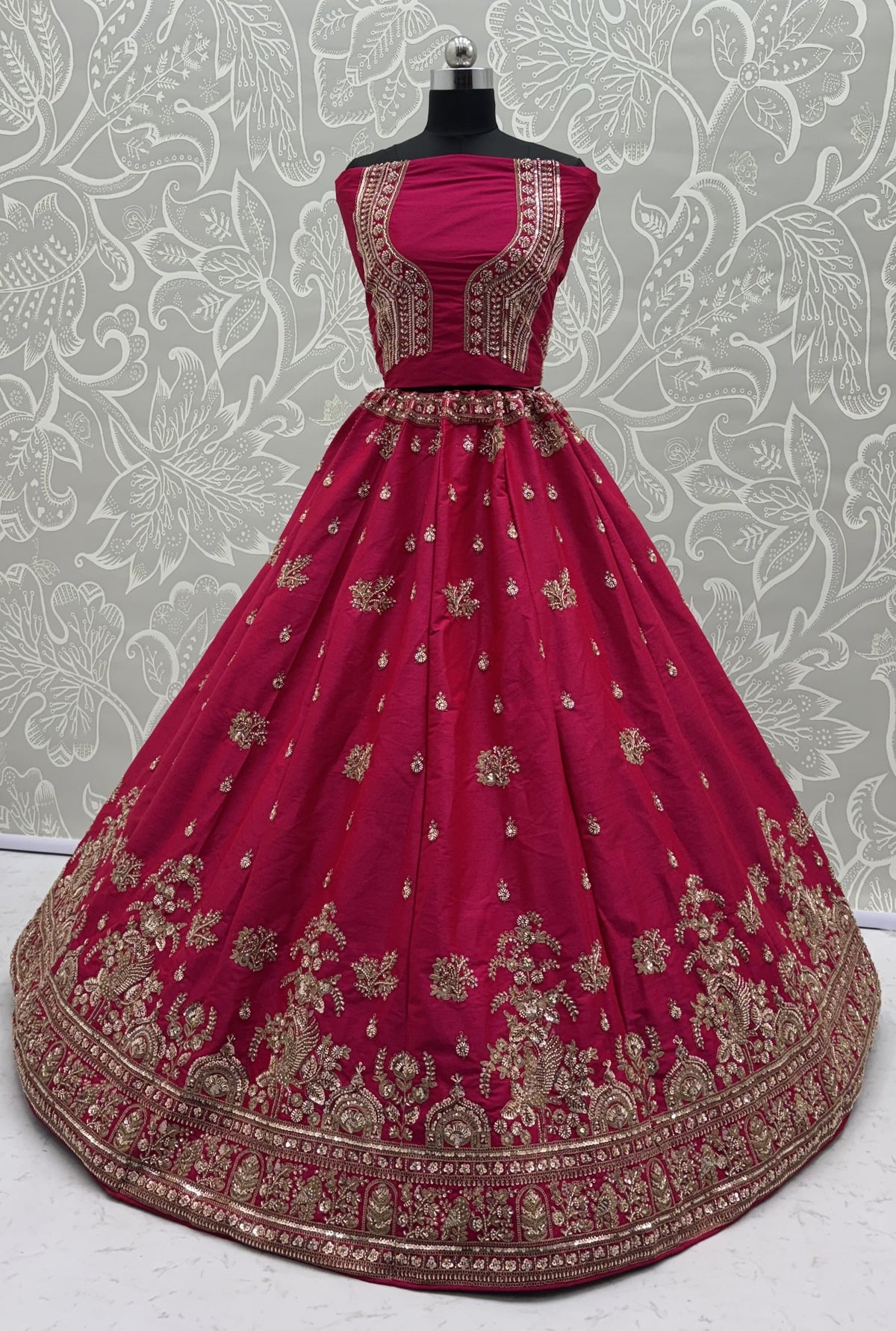 Royal Hot Pink Gadhwal Silk Bridal Lehenga Choli with Zari Embroidery, Bead Work & Net Dupatta