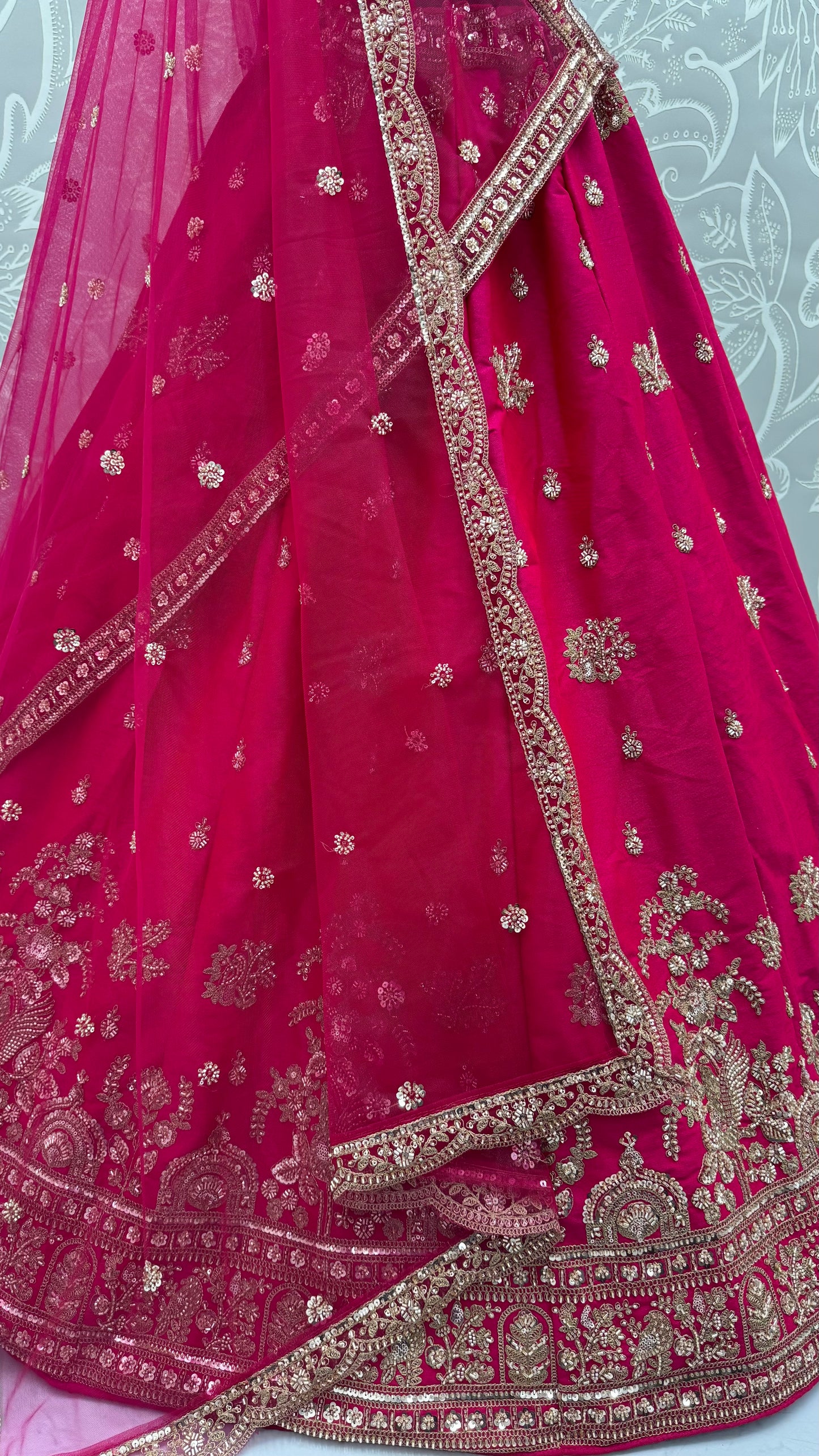 Royal Hot Pink Gadhwal Silk Bridal Lehenga Choli with Zari Embroidery, Bead Work & Net Dupatta