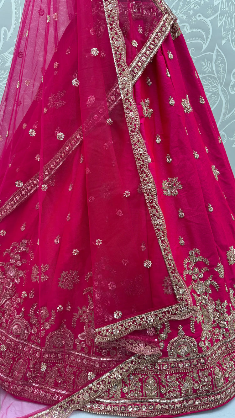 Royal Hot Pink Gadhwal Silk Bridal Lehenga Choli with Zari Embroidery, Bead Work & Net Dupatta