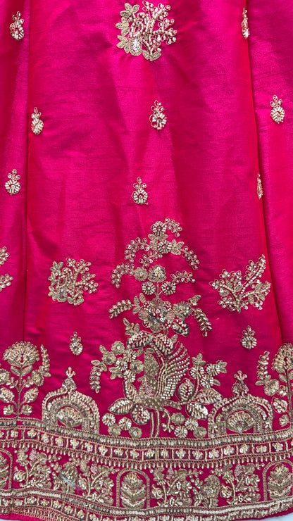 Royal Hot Pink Gadhwal Silk Bridal Lehenga Choli with Zari Embroidery, Bead Work & Net Dupatta