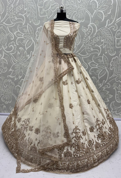 Ivory White Gadhwal Silk Bridal Lehenga Choli with Zari Embroidery, Bead Work & Designer Net Dupatta