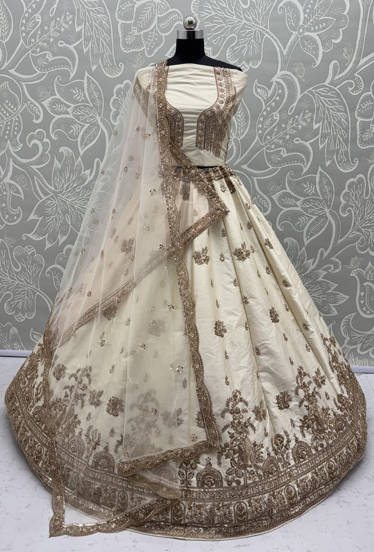 Ivory White Gadhwal Silk Bridal Lehenga Choli with Zari Embroidery, Bead Work & Designer Net Dupatta