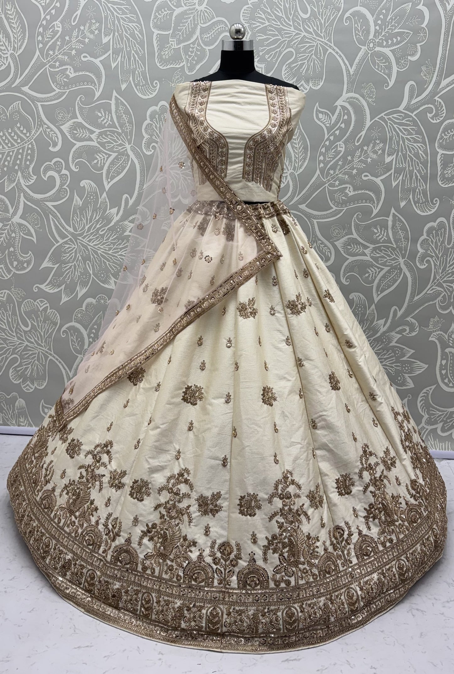 Ivory White Gadhwal Silk Bridal Lehenga Choli with Zari Embroidery, Bead Work & Designer Net Dupatta