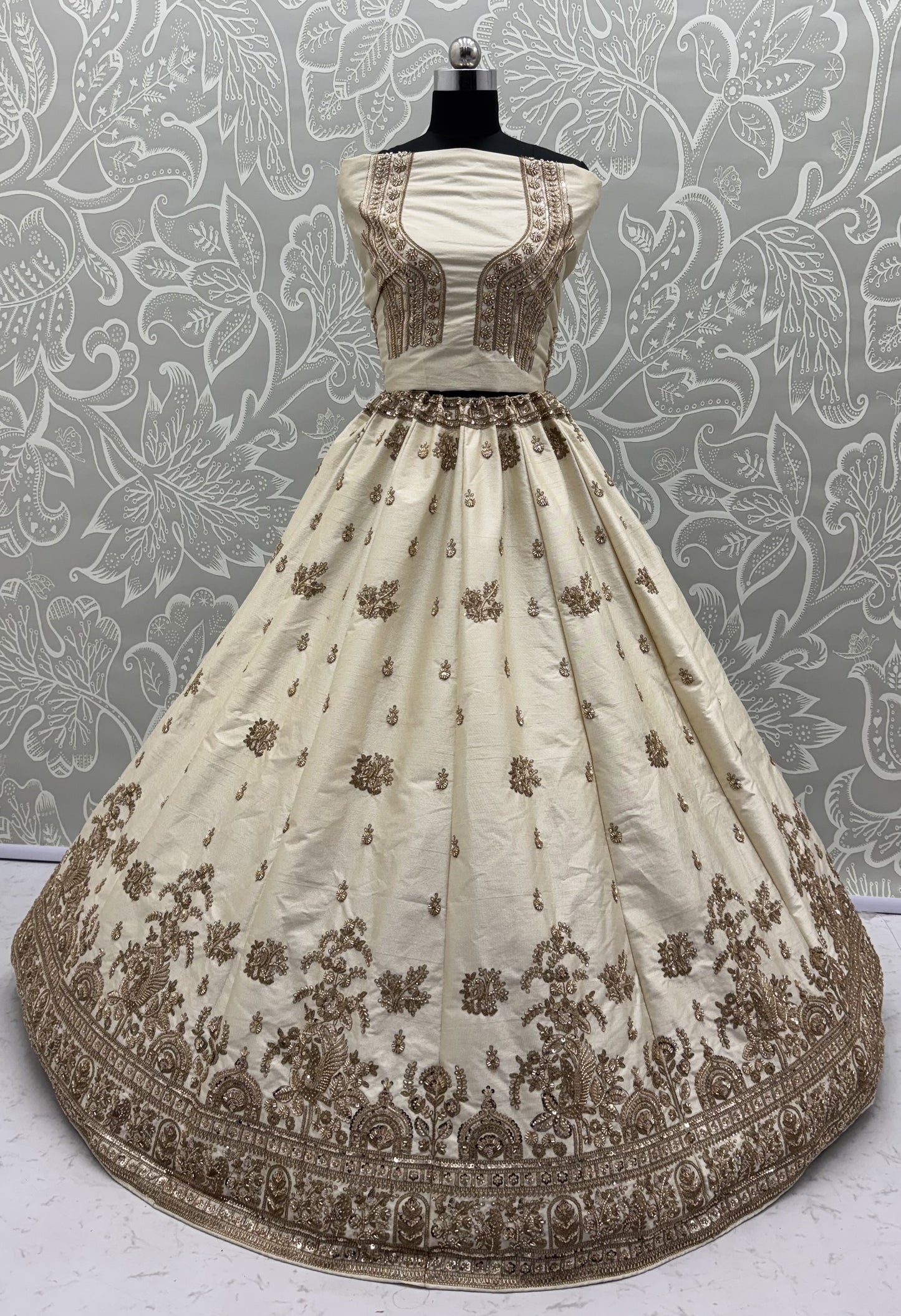 Ivory White Gadhwal Silk Bridal Lehenga Choli with Zari Embroidery, Bead Work & Designer Net Dupatta