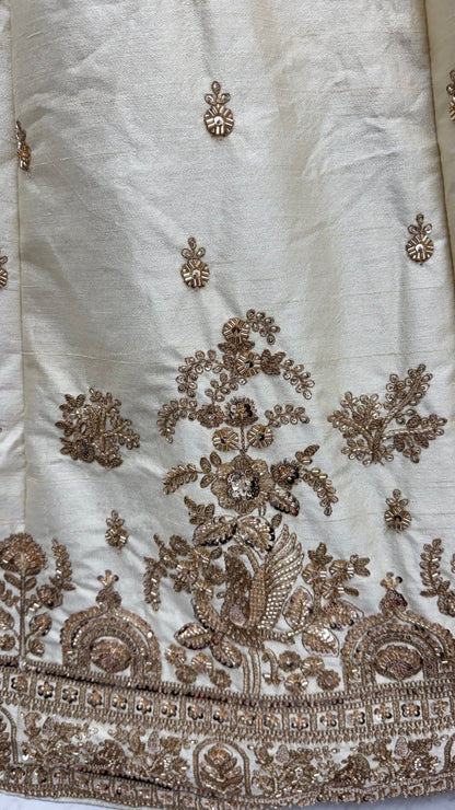 Ivory White Gadhwal Silk Bridal Lehenga Choli with Zari Embroidery, Bead Work & Designer Net Dupatta
