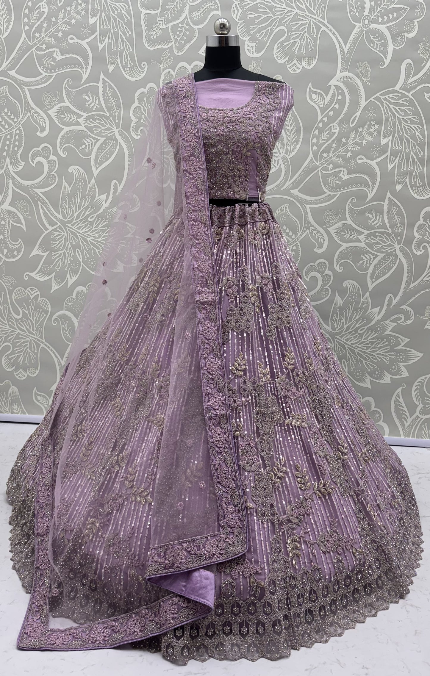 Lavender Dream Designer Bridal Lehenga Choli with Zircon Diamond Work & Embroidered Net Dupatta