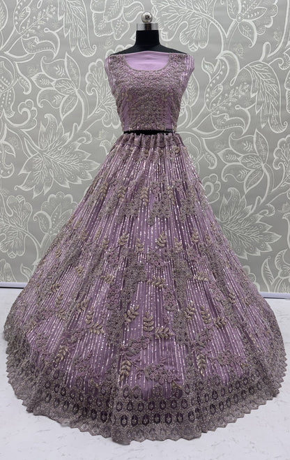 Lavender Dream Designer Bridal Lehenga Choli with Zircon Diamond Work & Embroidered Net Dupatta