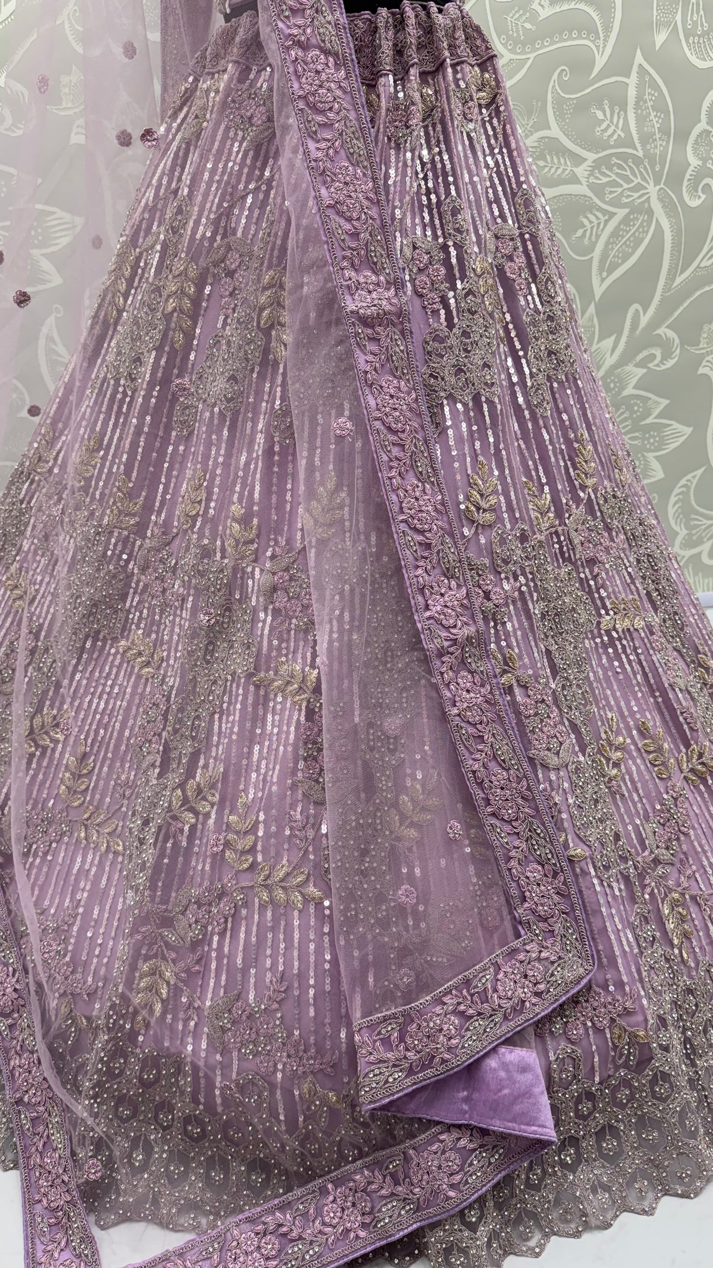 Lavender Dream Designer Bridal Lehenga Choli with Zircon Diamond Work & Embroidered Net Dupatta