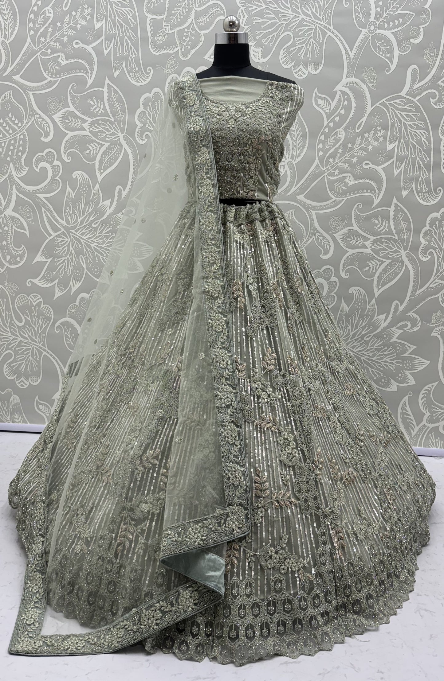 Sage Green Luxury Bridal Lehenga Choli with Sequins, Zari & Zircon Diamond Embroidery