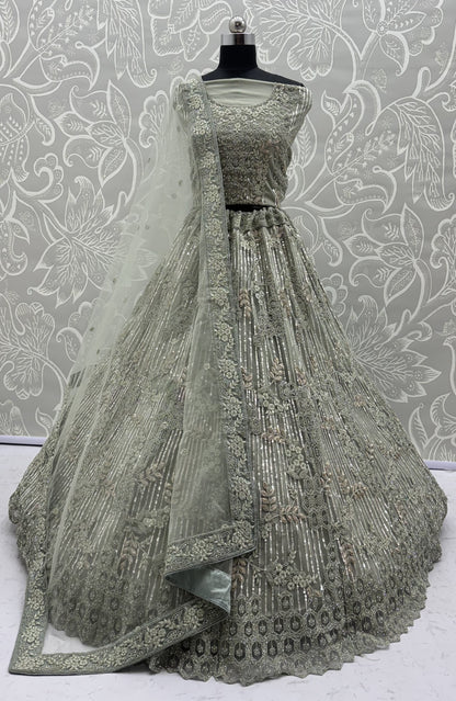 Sage Green Luxury Bridal Lehenga Choli with Sequins, Zari & Zircon Diamond Embroidery