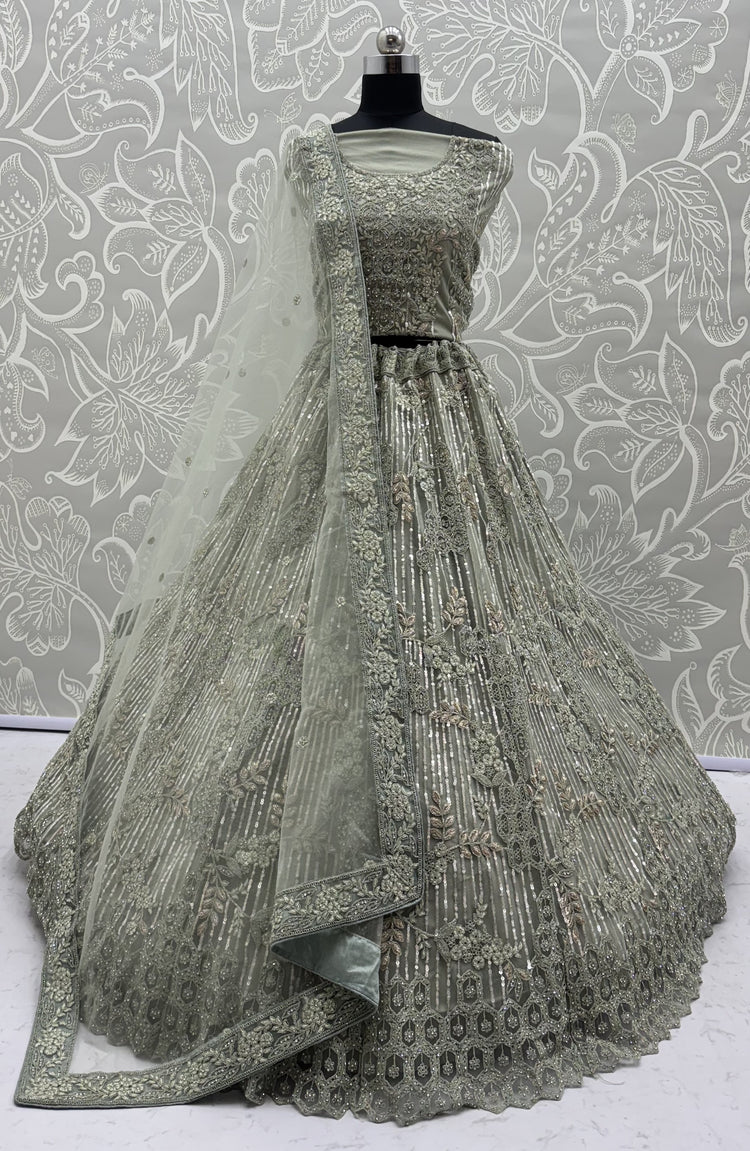 Sage Green Luxury Bridal Lehenga Choli with Sequins, Zari & Zircon Diamond Embroidery