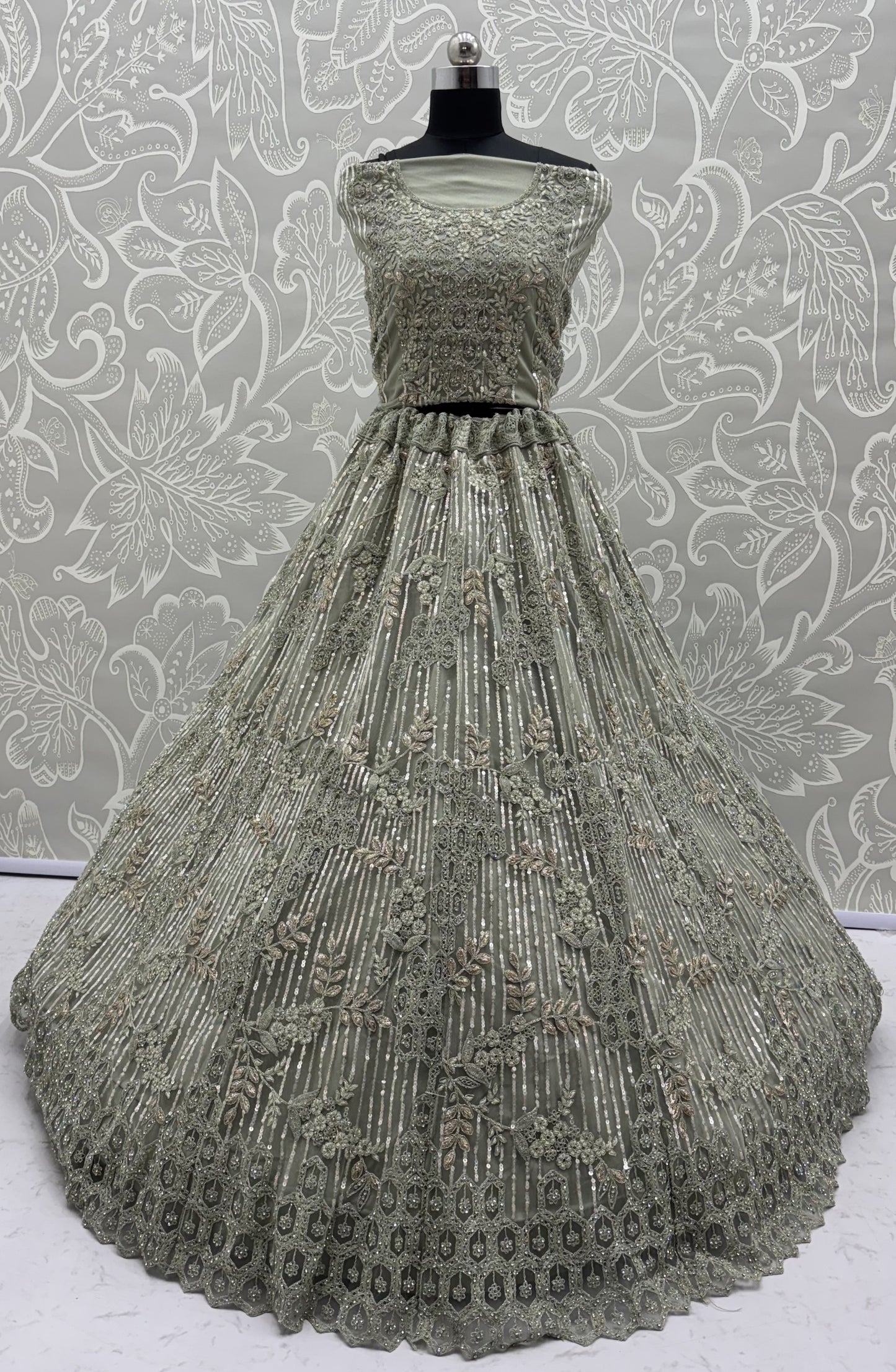 Sage Green Luxury Bridal Lehenga Choli with Sequins, Zari & Zircon Diamond Embroidery