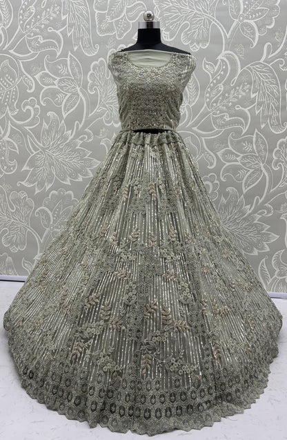 Sage Green Luxury Bridal Lehenga Choli with Sequins, Zari & Zircon Diamond Embroidery
