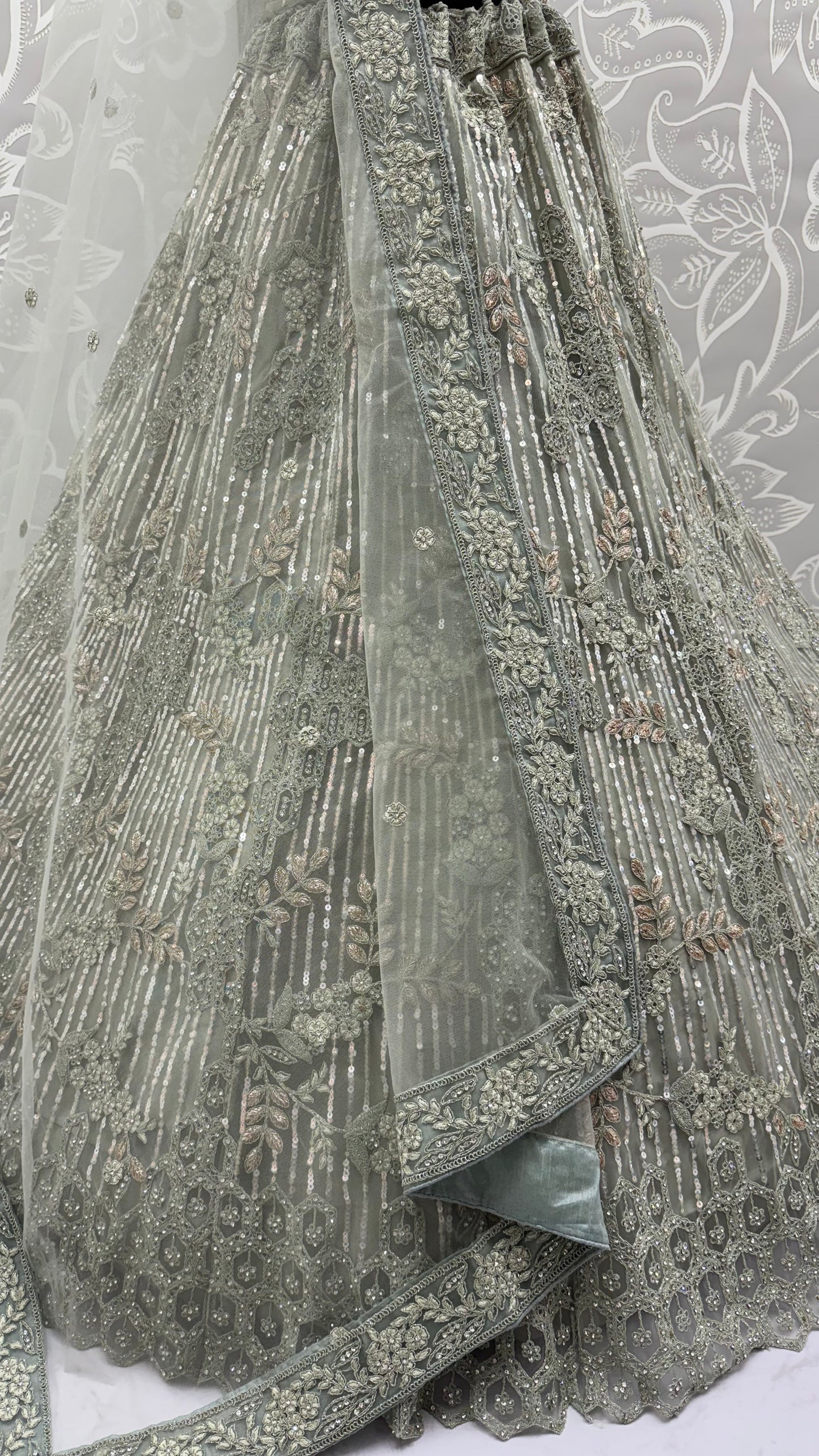 Sage Green Luxury Bridal Lehenga Choli with Sequins, Zari & Zircon Diamond Embroidery