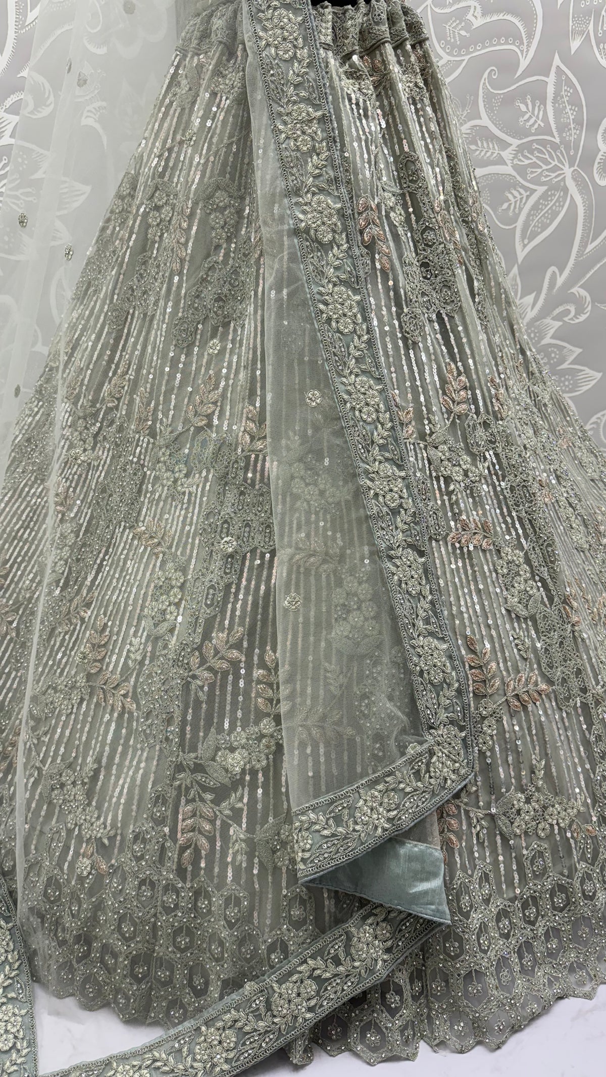 Sage Green Luxury Bridal Lehenga Choli with Sequins, Zari & Zircon Diamond Embroidery