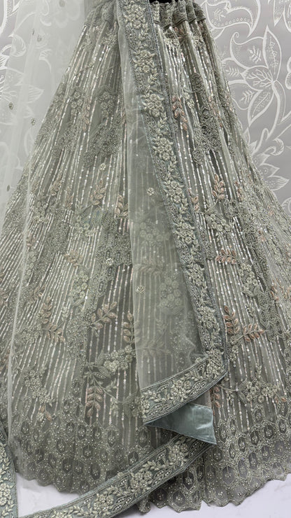 Sage Green Luxury Bridal Lehenga Choli with Sequins, Zari & Zircon Diamond Embroidery
