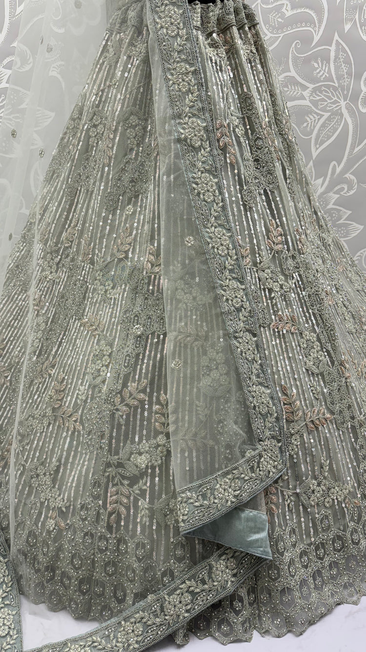 Sage Green Luxury Bridal Lehenga Choli with Sequins, Zari & Zircon Diamond Embroidery