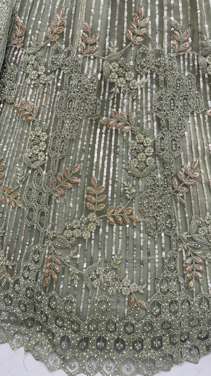 Sage Green Luxury Bridal Lehenga Choli with Sequins, Zari & Zircon Diamond Embroidery