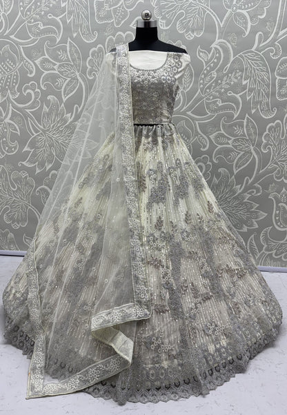 Ivory White Luxury Bridal Lehenga Choli with Zircon Diamond & Sequins Embroidery