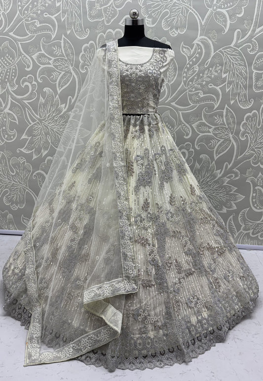 Ivory White Luxury Bridal Lehenga Choli with Zircon Diamond & Sequins Embroidery