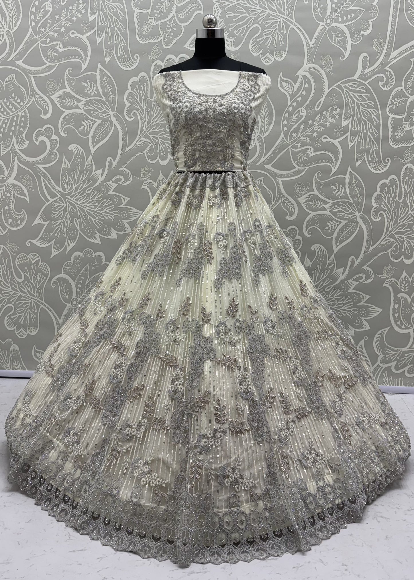 Ivory White Luxury Bridal Lehenga Choli with Zircon Diamond & Sequins Embroidery