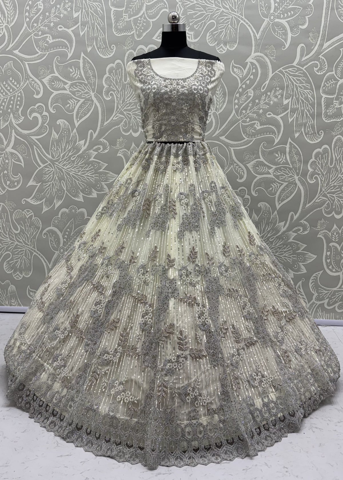 Ivory White Luxury Bridal Lehenga Choli with Zircon Diamond & Sequins Embroidery